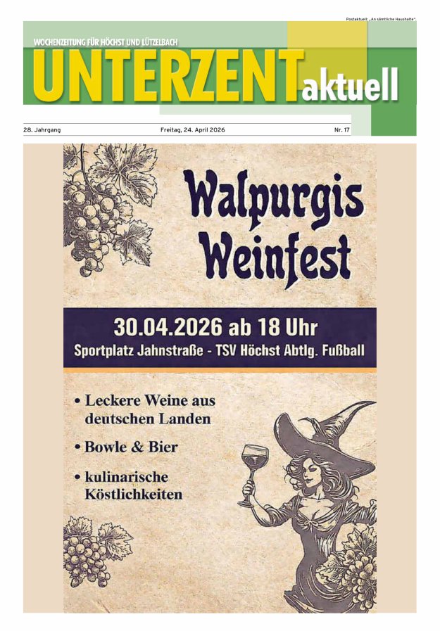 Unterzent aktuell Wochenzeitung für Höchst und Lützelbach Titelblatt 17/2026