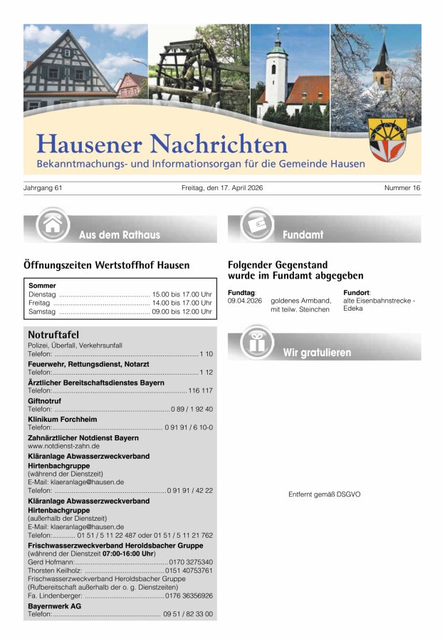 Hausener Nachrichten Titelblatt 16/2026