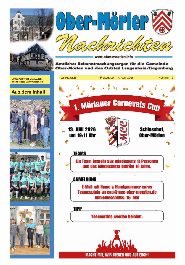 Ober-Mörler Nachrichten Titelblatt 16/2026