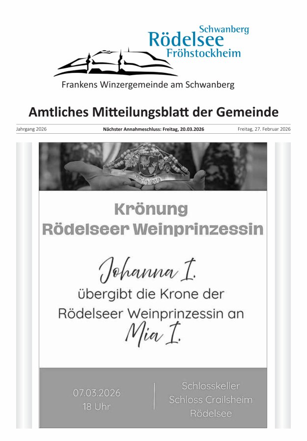 Amtliches Mitteilungsblatt der Gemeinde Rödelsee Titelblatt 02/2026