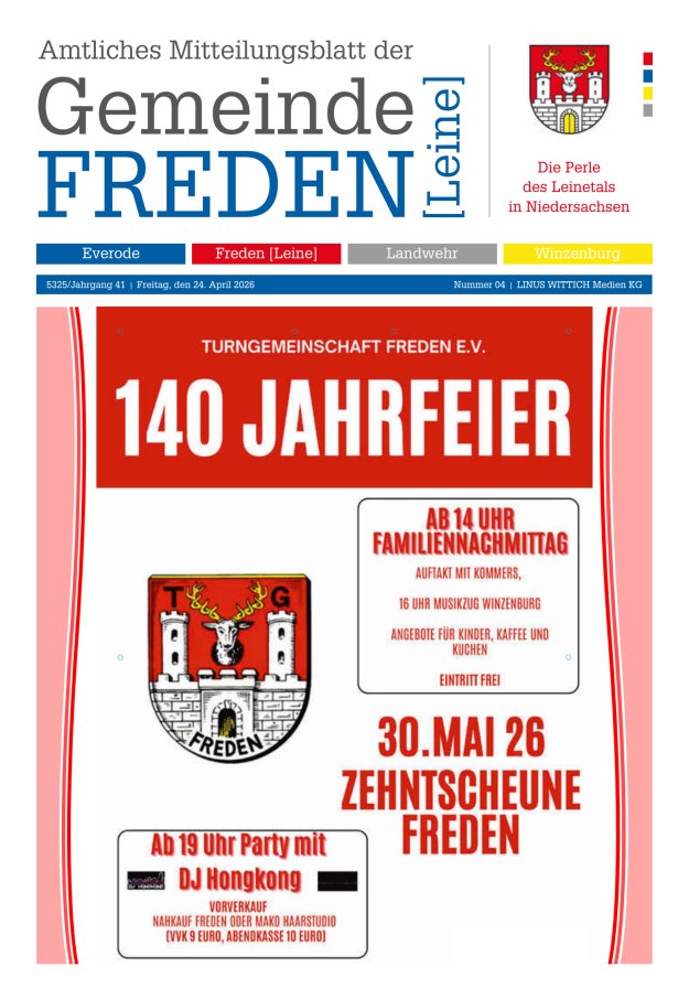 Amtliches Mitteilungsblatt der Samtgemeinde Freden (Leine) Titelblatt 04/2026