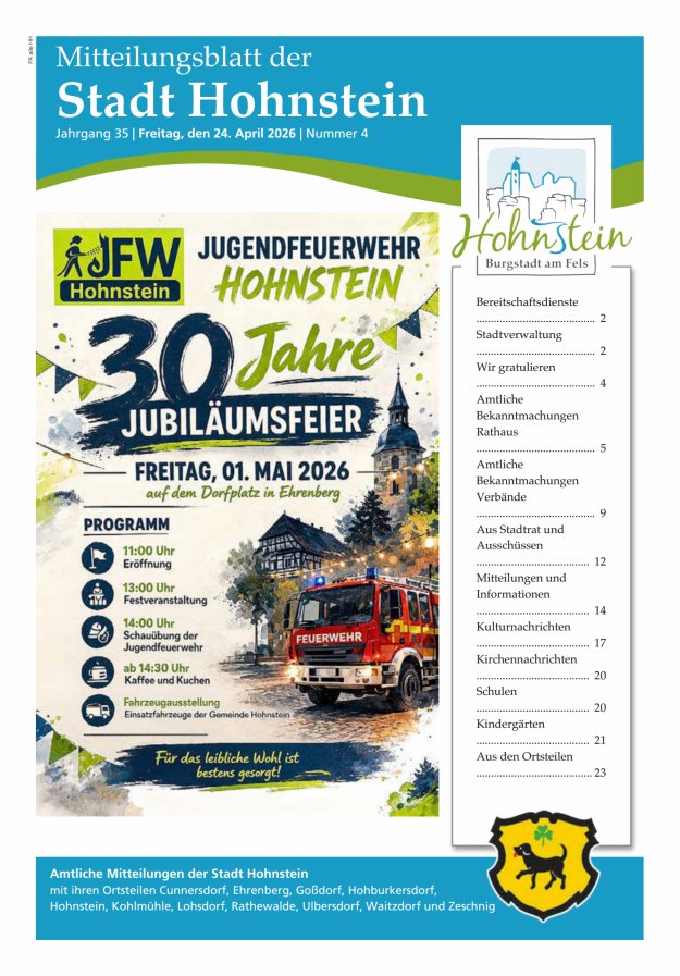 Mitteilungsblatt der Stadt Hohnstein Titelblatt 04/2026