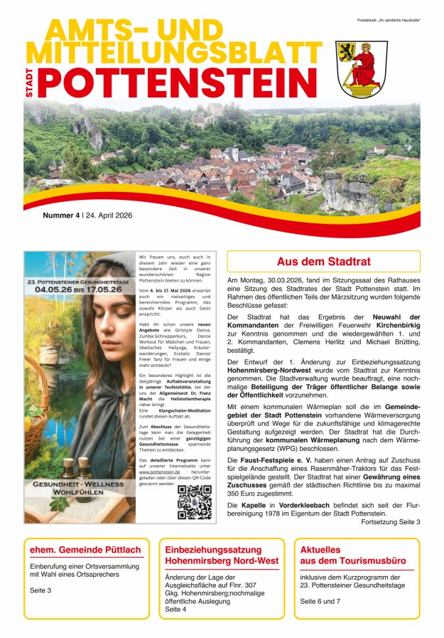 Amts- und Mitteilungsblatt der Stadt Pottenstein Titelblatt 04/2026