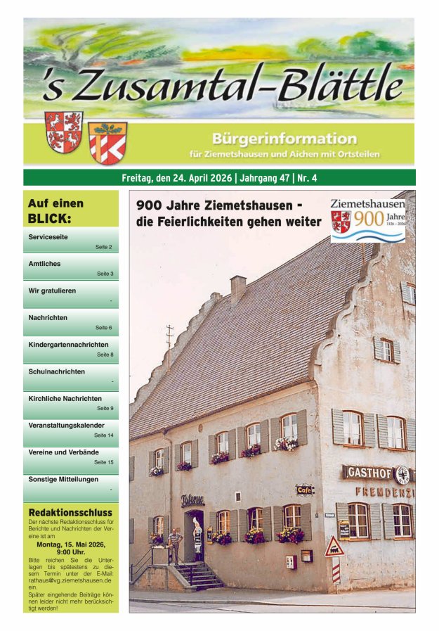 's Zusamtal-Blättle Bürgerinformationen für Ziemetshausen und Aichen mit OTen Titelblatt 04/2026