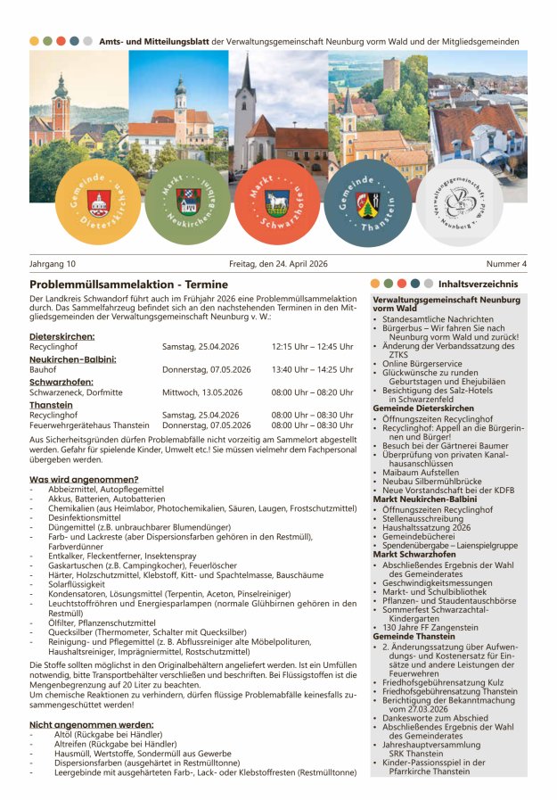 Amts- u Mitteilungsblatt der VG Neunburg vorm Wald u d Mitgliedsgemeinden Titelblatt 04/2026