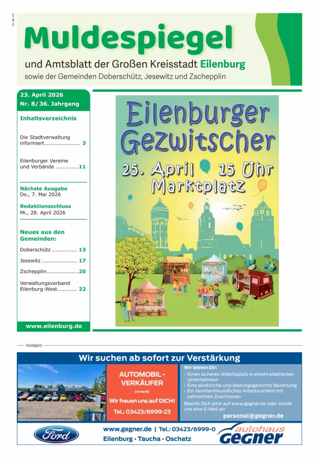 Muldespiegel und Amtsblatt der Großen Kreisstadt Eilenburg und der Gemeinden Titelblatt 08/2026