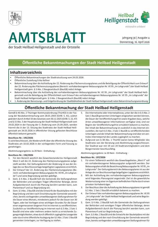 Amtsblatt der Stadt Heiligenstadt Titelblatt 04/2026
