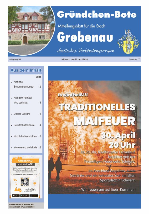 Grebenau - Gründchen Bote - Mitteilungsblatt für die Stadt Grebenau Titelblatt 17/2026