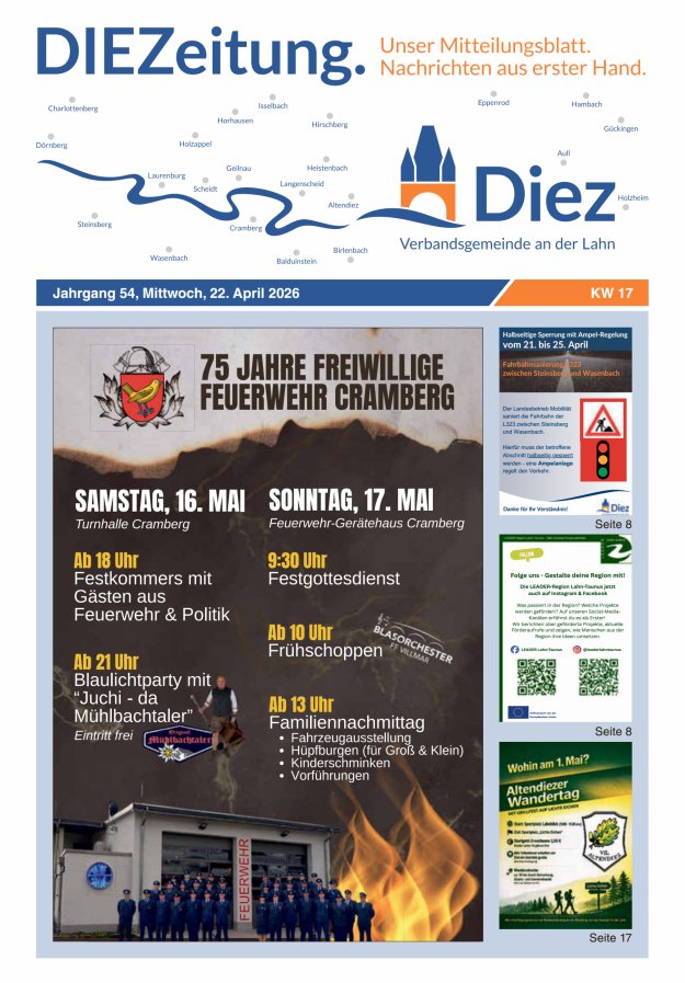 DIEZeitung - Mitteilungsblatt der Verbandsgemeinde Diez  Titelblatt 17/2026