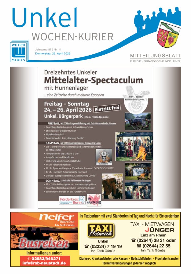 Wochen-Kurier Verbandsgemeinde Unkel Titelblatt 11/2026