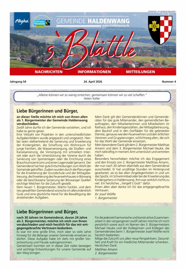 sBlättle der Gemeinde Haldenwang Titelblatt 04/2026