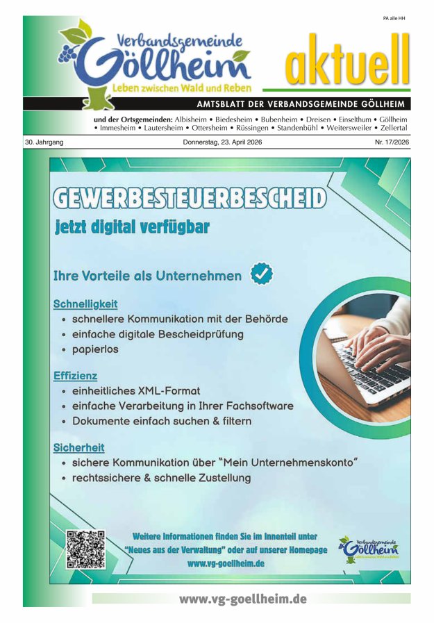 Verbandsgemeinde Göllheim aktuell Titelblatt 17/2026