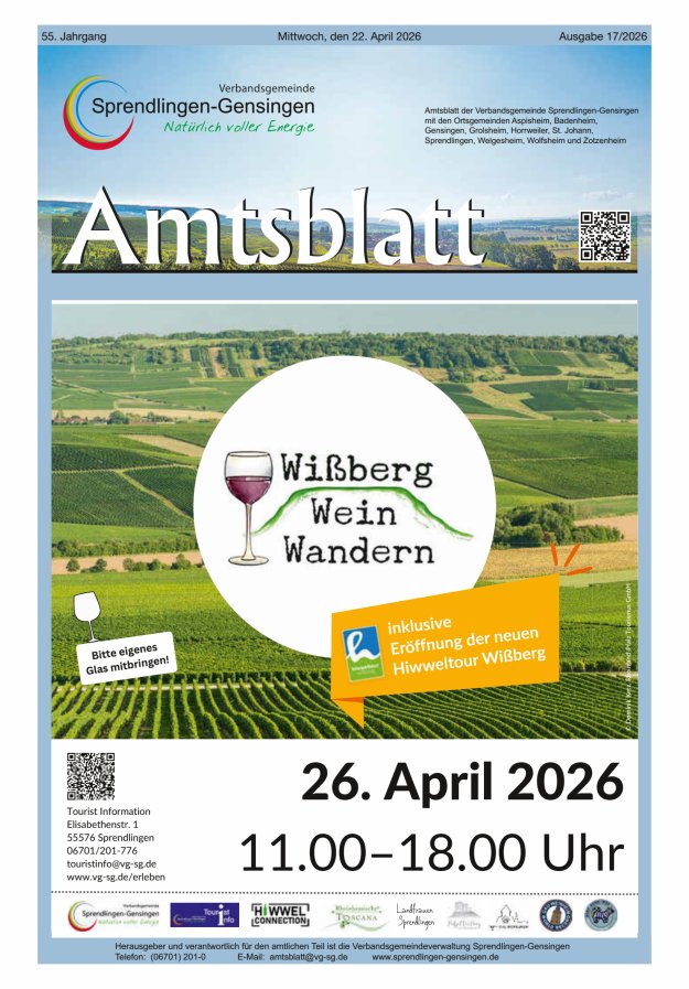 Amtsblatt VG Sprendlingen-Gensingen Titelblatt 17/2026