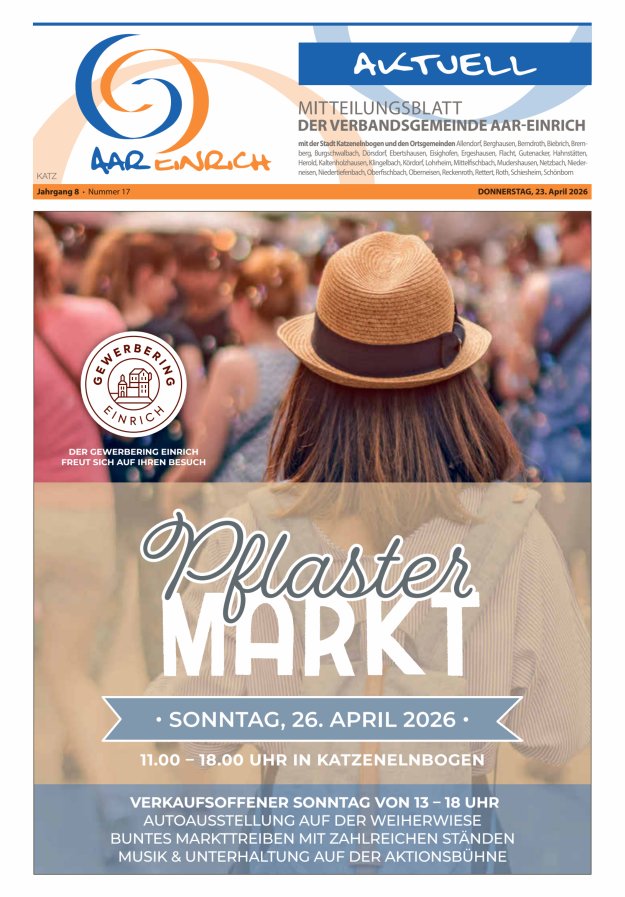 Mitteilungsblatt der Verbandsgemeinde Aar-Einrich Ausgabe Katzenelnbogen Titelblatt 16/2026