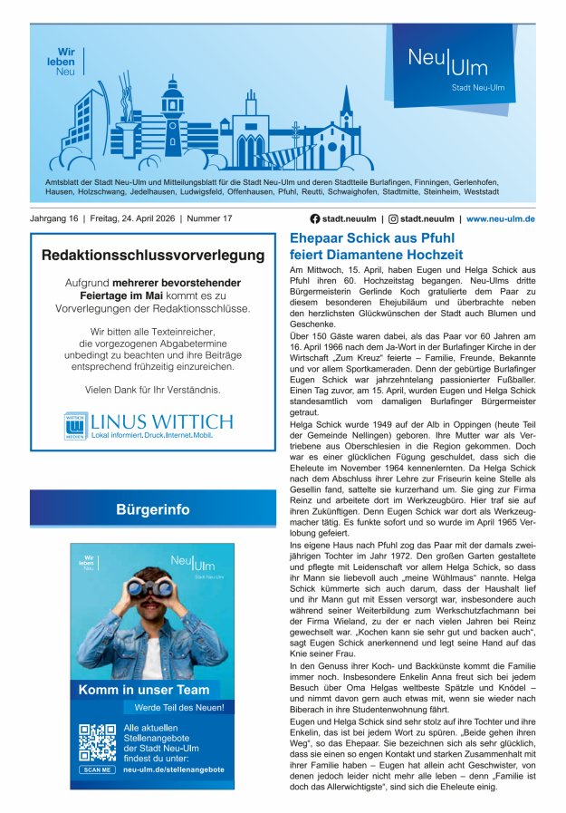 Amtsblatt der Stadt Neu-Ulm und Mitteilungsblatt für die Stadt Neu-Ulm Titelblatt 17/2026
