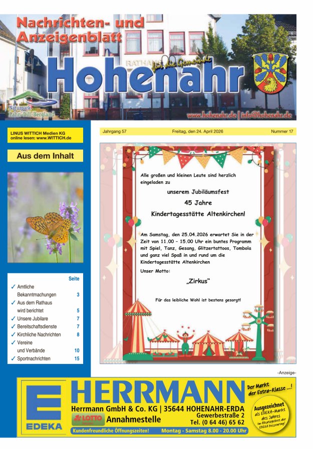 Nachrichten- und Anzeigenblatt für die Gemeinde Hohenahr Titelblatt 17/2026