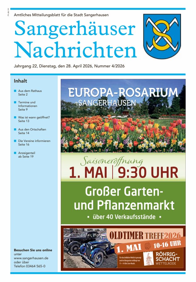 Sangerhäuser Nachrichten – Amtliches Mitteilungsblatt für die Stadt Sangerhausen Titelblatt 04/2026