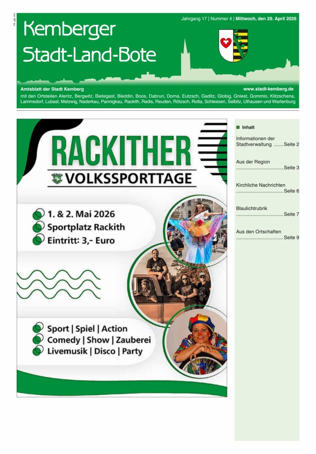 Kemberger Stadt-Land-Bote Amtsblatt der Stadt Kemberg Titelblatt 04/2026