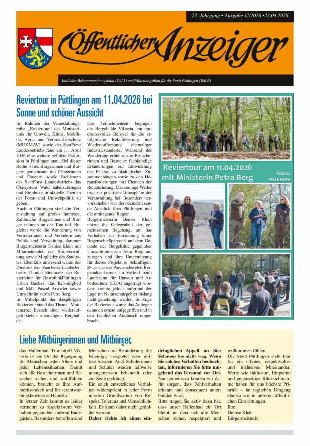 Öffentlicher Anzeiger - Stadt Püttlingen Titelblatt 17/2026