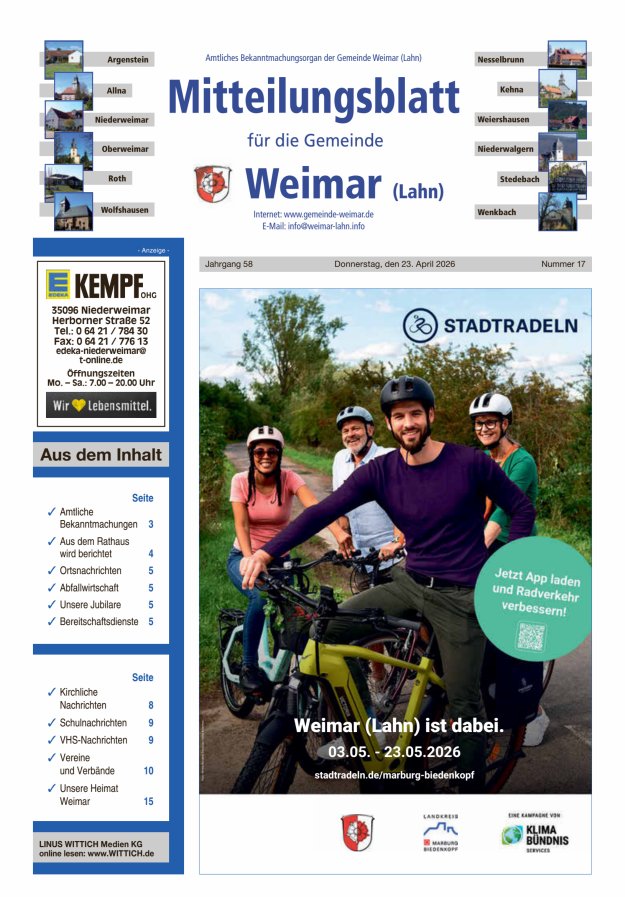 Mitteilungsblatt für die Gemeinde Weimar Titelblatt 17/2026