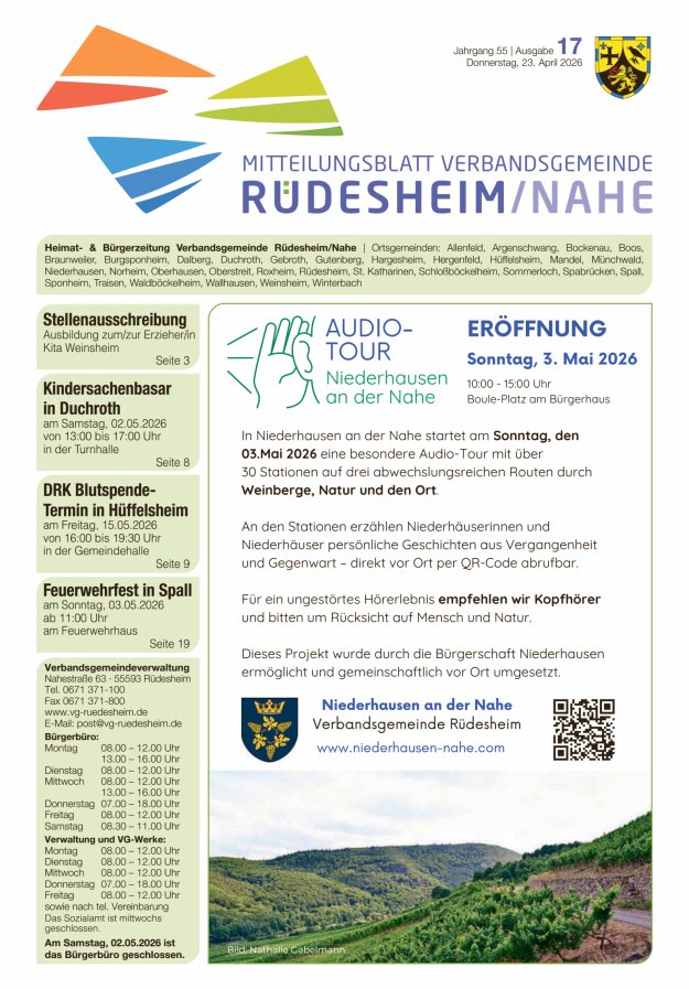 Mitteilungsblatt Verbandsgemeinde Rüdesheim und zugehörige Ortsgemeinden Titelblatt 17/2026