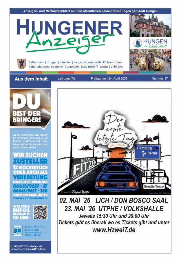 Anzeigen- und Nachrichtenblatt mit den öff  Bekanntmachungen der Stadt Hungen Titelblatt 17/2026