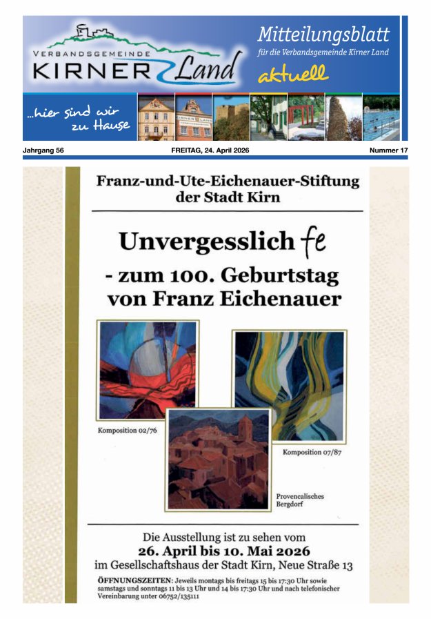 Mitteilungsblatt für den Bereich der Verbandsgemeinde Kirner Land Titelblatt 17/2026