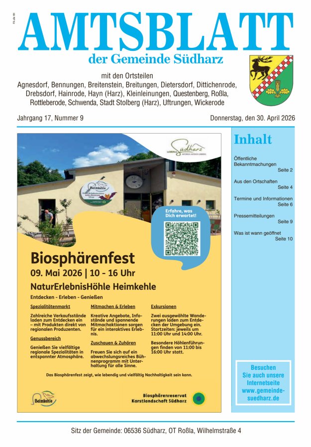 Amtsblatt der Gemeinde Südharz Titelblatt 09/2026