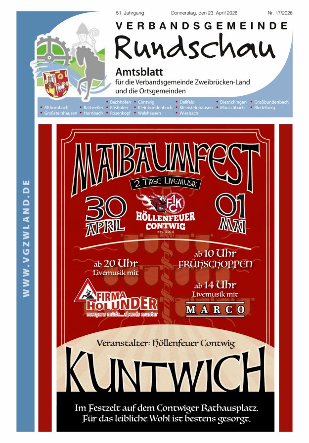 Verbandsgemeinde Rundschau Zweibrücken-Land Titelblatt 17/2026