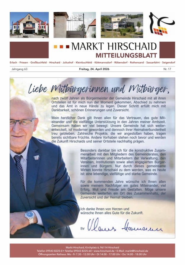 Mitteilungsblatt Markt Hirschaid Titelblatt 17/2026