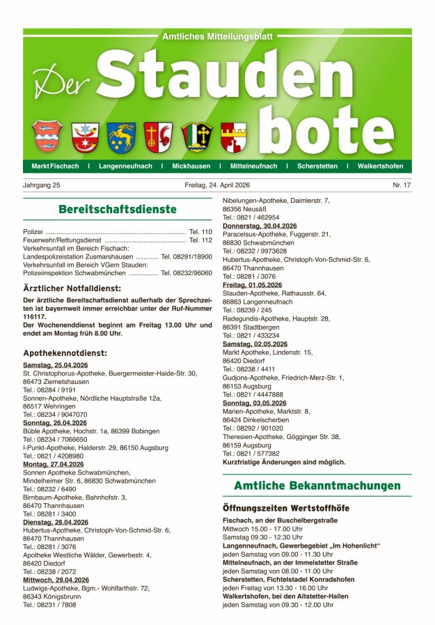 Staudenbote Amtliches Mitteilungsblatt Titelblatt 17/2026