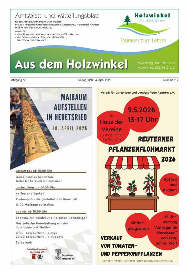 Aus dem Holzwinkel Amtsblatt u Mitteilungsblatt f VG Welden u GemAdelsried Titelblatt 17/2026