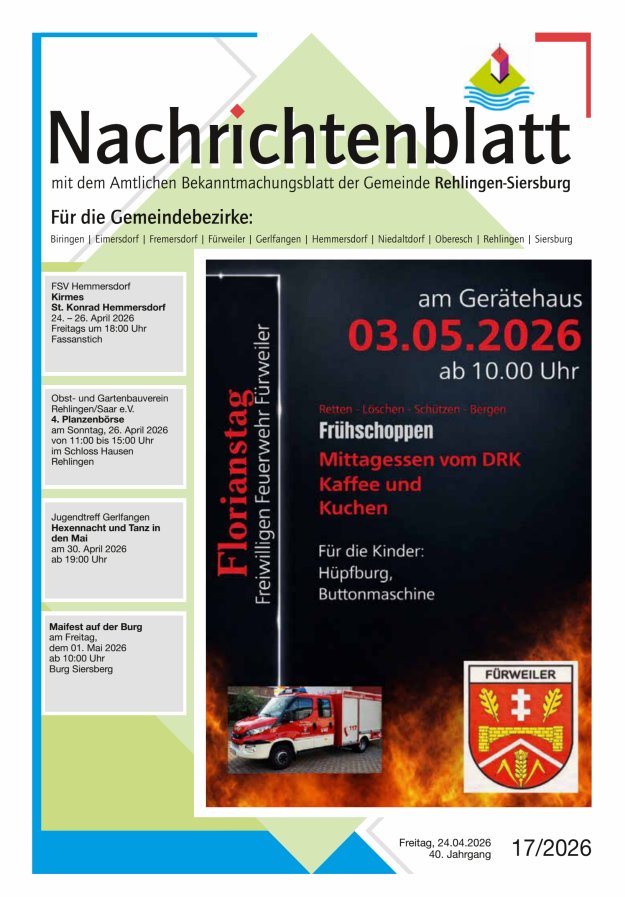 Nachrichtenblatt Rehlingen-Siersburg Titelblatt 17/2026