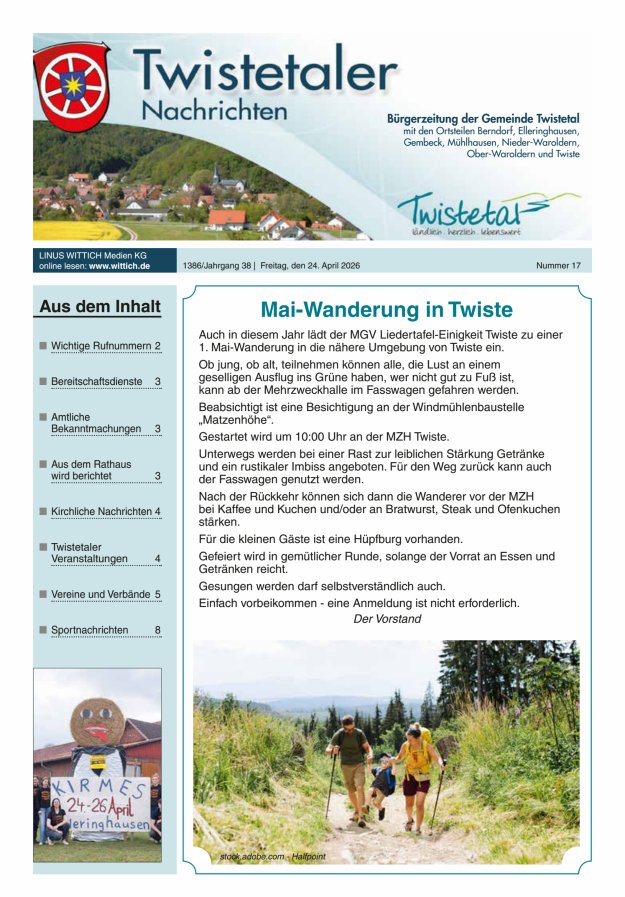 Twistetaler Nachrichten Titelblatt 17/2026