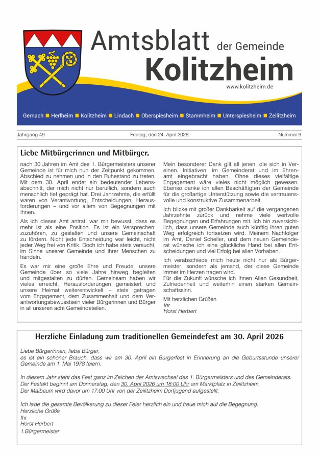 Amtsblatt der Gemeinde Kolitzheim Titelblatt 09/2026