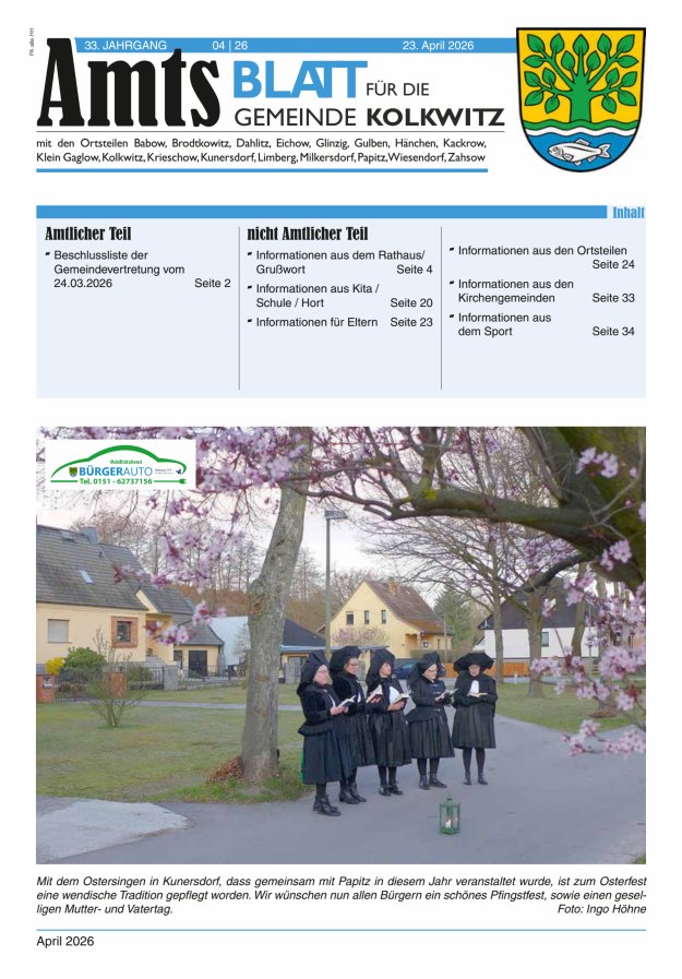 Amtsblatt für die Gemeinde Kolkwitz  Titelblatt 04/2026