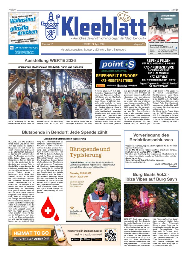 Kleeblatt - Amtliches Bekanntmachungsorgan der Stadt Bendorf Titelblatt 17/2026