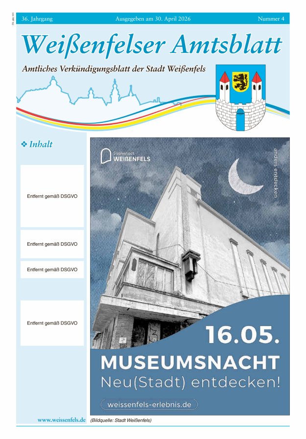Weißenfelser Amtsblatt – Amtliches Verkündungsblatt der Stadt Weißenfels Titelblatt 04/2026