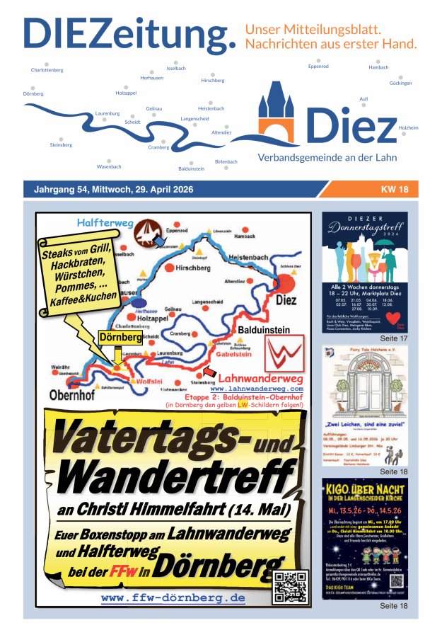 DIEZeitung - Mitteilungsblatt der Verbandsgemeinde Diez  Titelblatt 18/2026