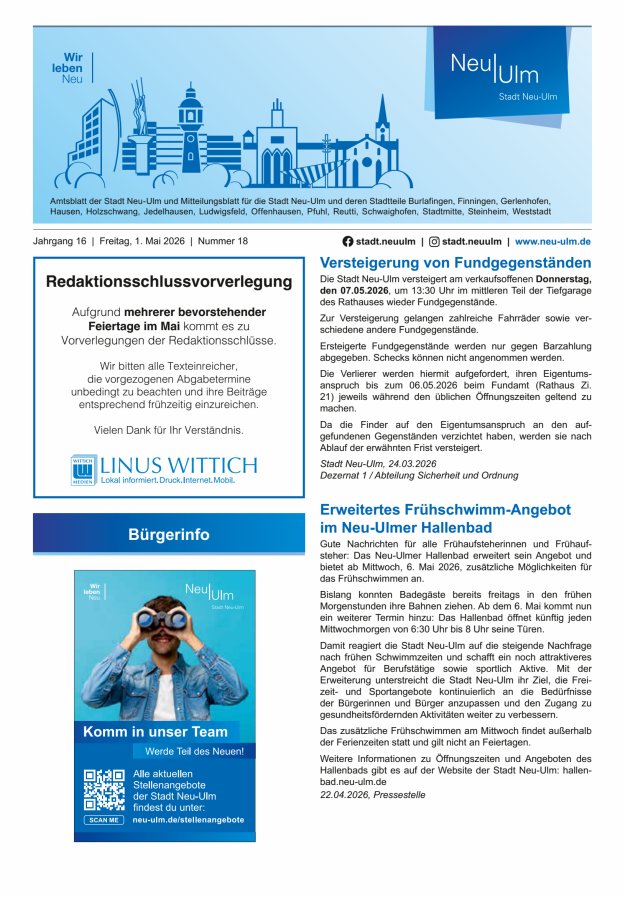 Amtsblatt der Stadt Neu-Ulm und Mitteilungsblatt für die Stadt Neu-Ulm Titelblatt 18/2026