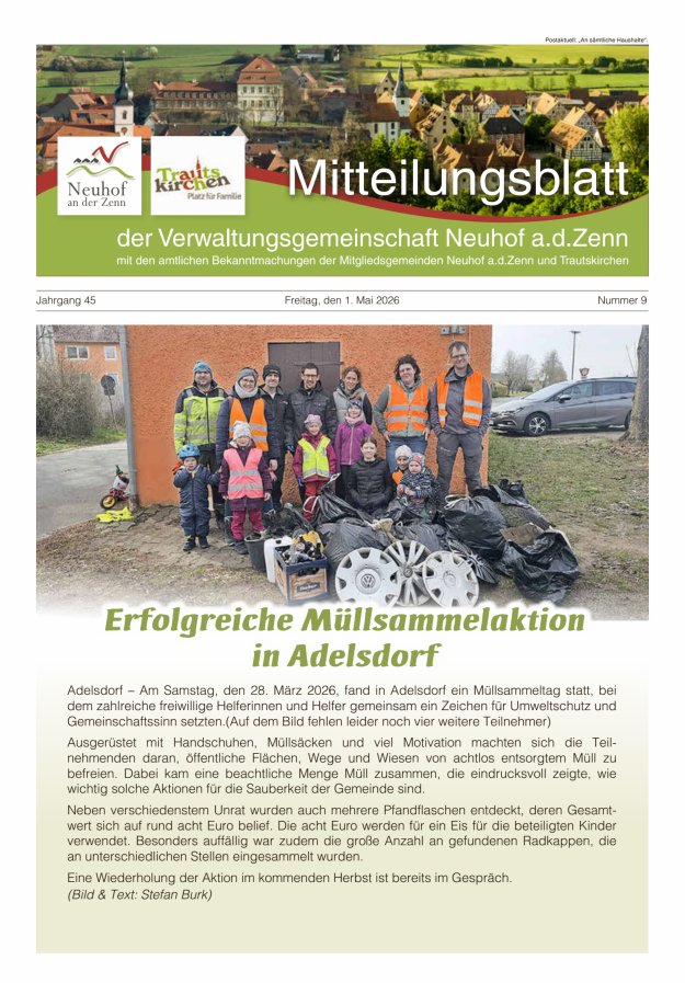 Mitteilungsblatt der Verwaltungsgemeinschaft Neuhof an der Zenn mit den amtlichen Bekanntmachungen der Mitgliedsgemeinden Neuhof an der Zenn und Trautskirchen Titelblatt 09/2026