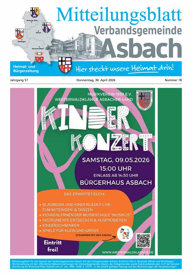 Mitteilungsblatt Verbandsgemeinde Asbach Titelblatt 18/2026
