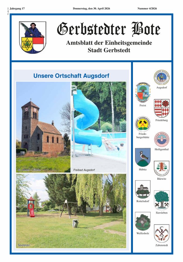 Gerbstedter Bote – Amtsblatt der Einheitsgemeinde Stadt Gerbstedt Titelblatt 04/2026