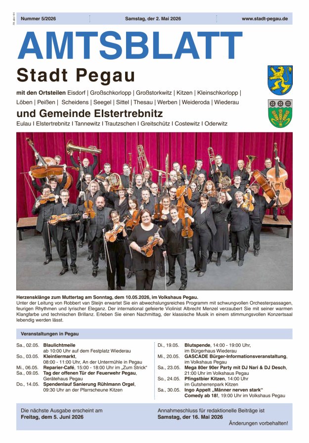 Amtsblatt Stadt Pegau und Gemeinde Elstertrebnitz  Titelblatt 05/2026
