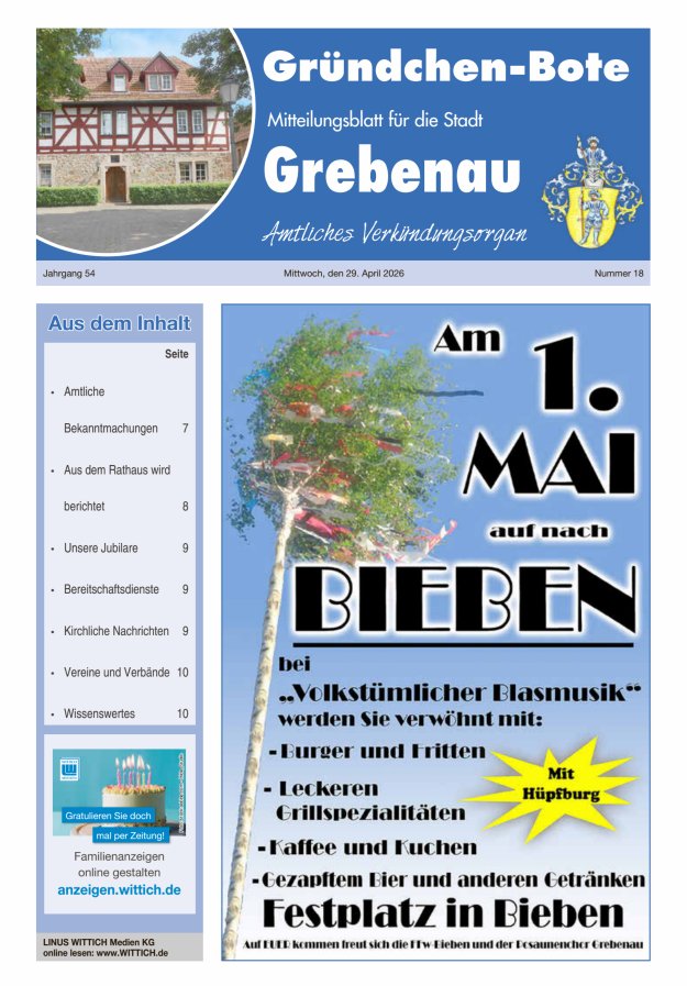 Grebenau - Gründchen Bote - Mitteilungsblatt für die Stadt Grebenau Titelblatt 18/2026