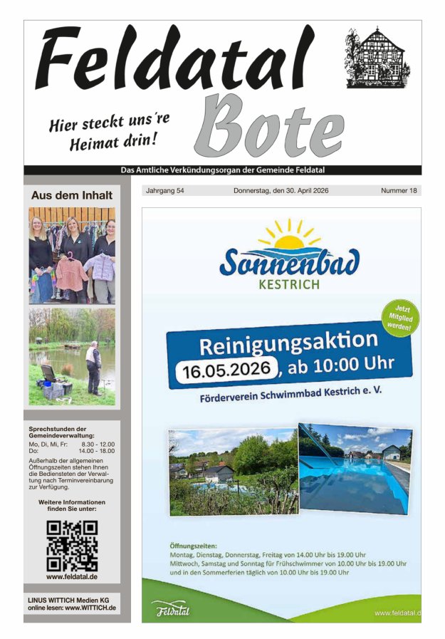 Das Amtliche Verkündungsorgan der Gemeinde Feldatal Titelblatt 18/2026