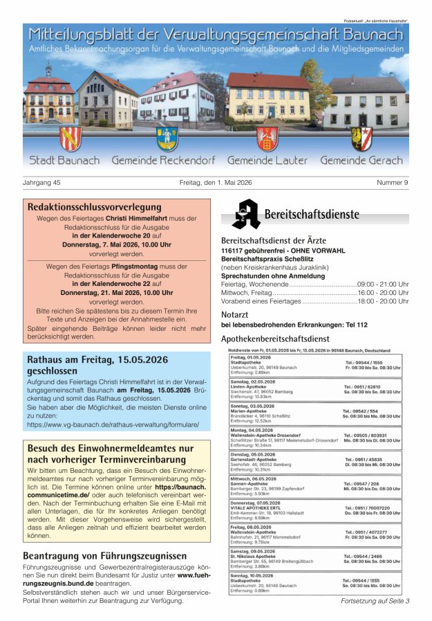 Mitteilungsblatt Verwaltungsgemeinschaft Baunach Titelblatt 09/2026