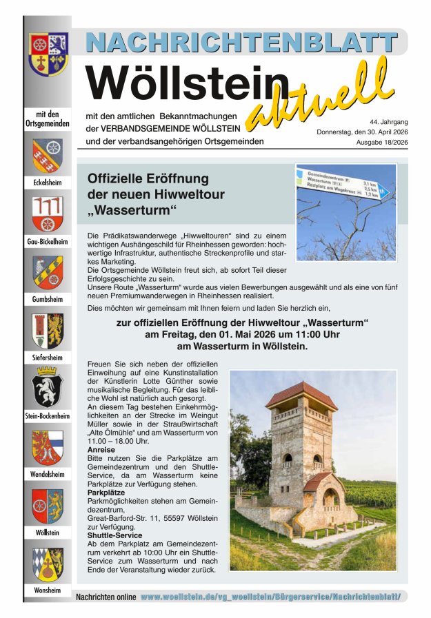 Nachrichtenblatt Wöllstein aktuell Titelblatt 18/2026