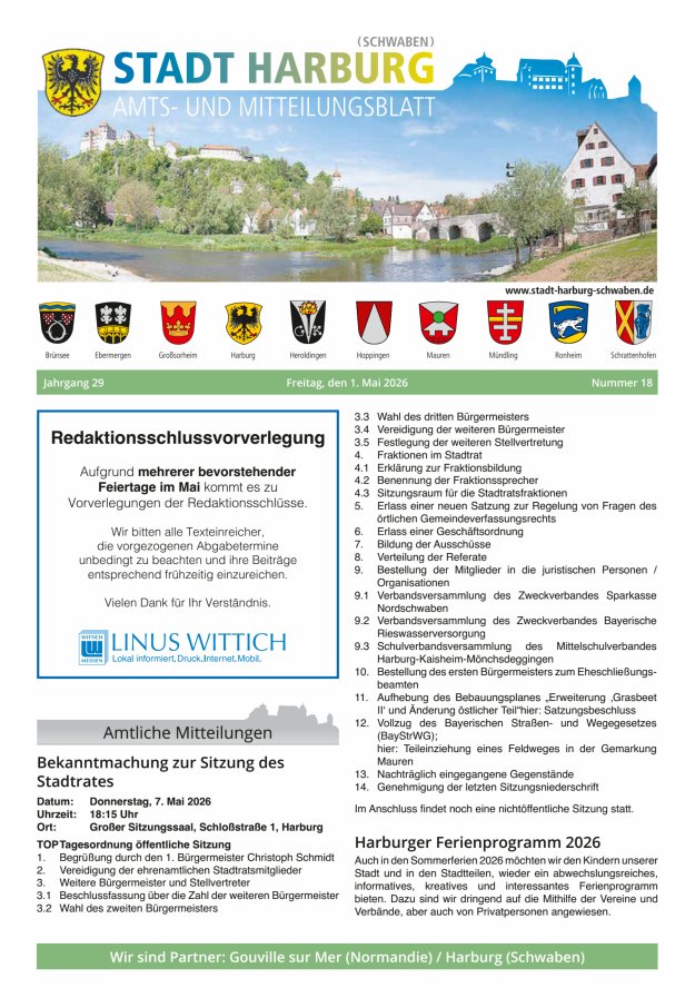 Amts- und Mitteilungsblatt der Stadt Harburg Titelblatt 18/2026