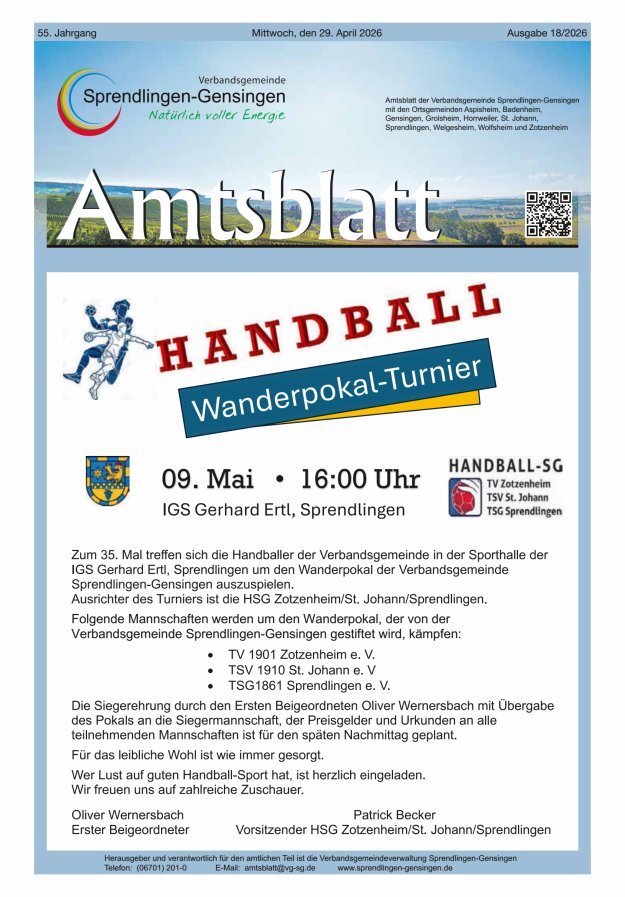 Amtsblatt VG Sprendlingen-Gensingen Titelblatt 18/2026